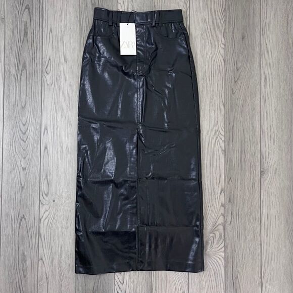 Zara Women Size XS Black Faux Leather Croc Embossed Slit Pencil Midi NEW Skirt - Picture 3 of 12